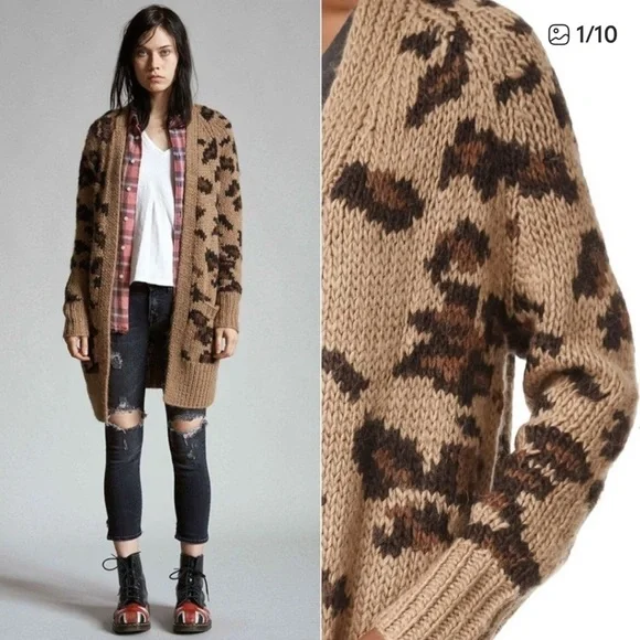 R13 Leopard Grunge Cardigan Sweater Top Alpaca Merino Wool - Picture 1 of 1